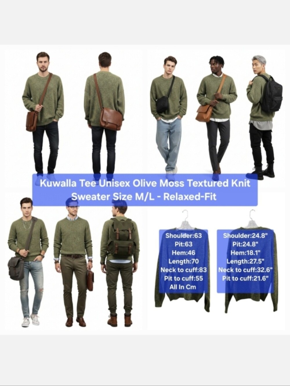 Kuwalla Tee Unisex Olive Moss Textured Knit Sweater Size M/L - Relaxed-Fit